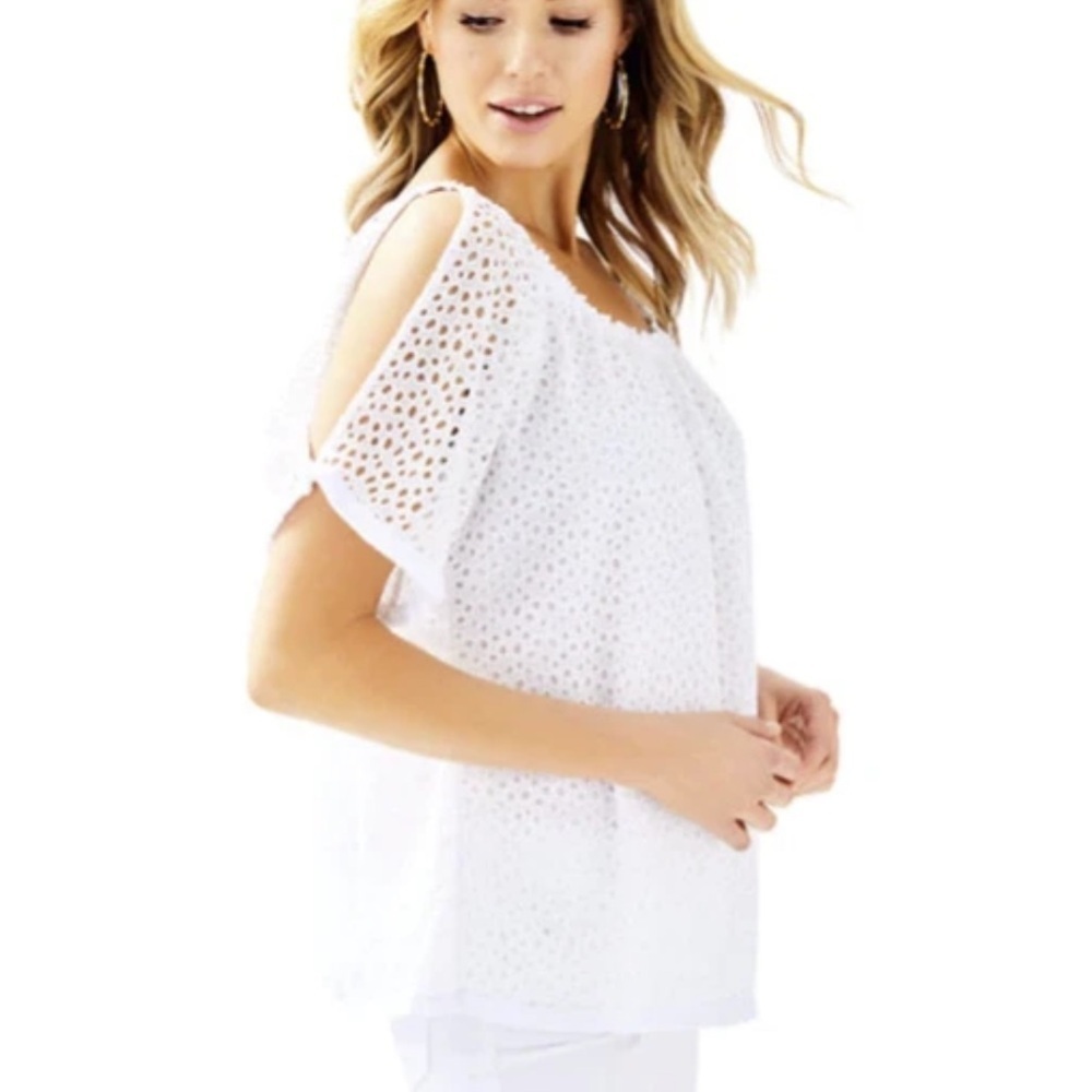 Lilly Pulitzer Lillette Top Resort White Eyelet Crinkle Chiffon Cottagecore XS - Picture 1 of 16
